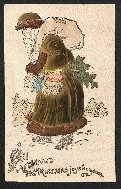 All Christmas Joy Brown Robed Santa Claus Trudging Thru The Snow Postcard