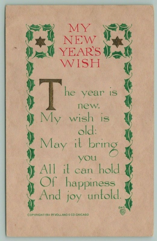 PF Volland New Year~Year is New~Wish is Old~Embossed Green Leaves & Stars~1911