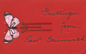 Vintage Postcard Greetings From East Greenwich Butterfly Golden Glitter