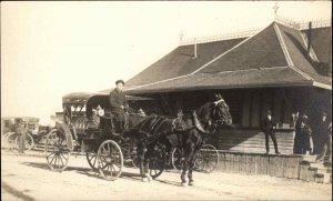 Stagecoach Horse Wagon at Unidentified RR Train Station Real Photo Postcard