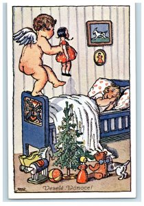 Little Girl Sleeping Czech Cupid Doll Present Christmas Tree Candles Postcard