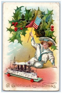 1908 Christmas Boy Steamer Toy US Navy Flag Holly Berries Louisville KY Postcard 