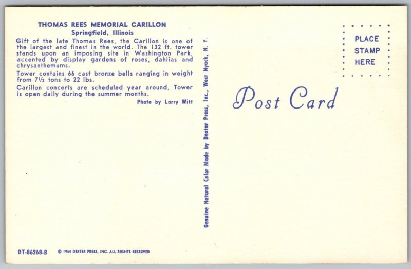 Postcard Springfield Illinois IL Carillon Tower Flowers 1964 Chrome