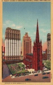 Vintage Postcard 1930's Trinity Church Episcopal Diocese Broadway & Wall Street