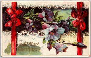 Birthday Greetings Beautiful Purple Flowers Red Ribbon Postcard