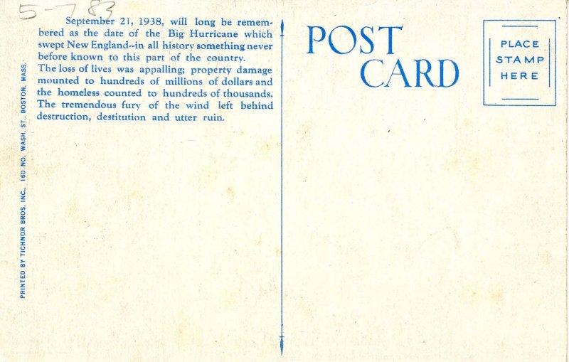 MA - Worcester. 1938 Hurricane. Auto Wrecked by Falling Roof