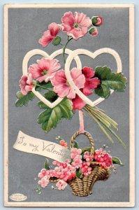 Valentine Postcard Pink Flowers Basket Hearts Embossed Bennington VT 1911 Posted