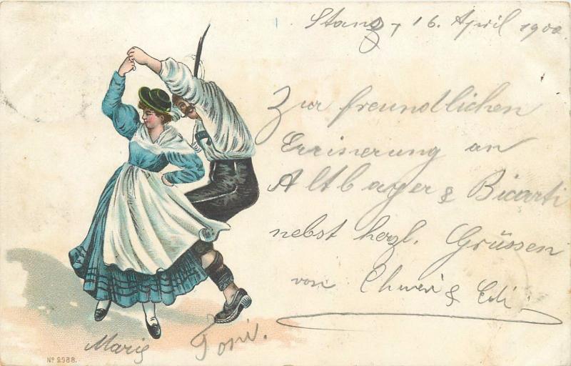 Switzerland 1900 vintage chromo litho postcard folklore costumes dance dancers