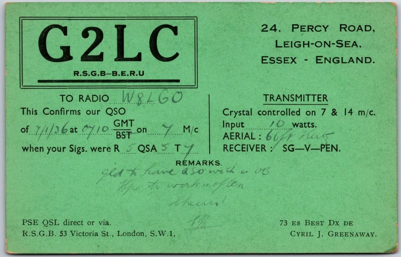 QSL Radio Card Code G2LC Essex England Amateur Radio Station Posted Postcard