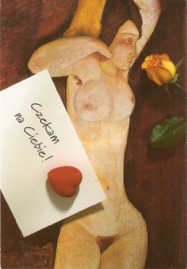 Sleeping nude. Smeling a rose Moder Polish postcards. Continentall size