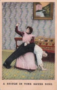 Bamforth Humour Woman Mending Pants A Stitch In Time Saves Time 1909