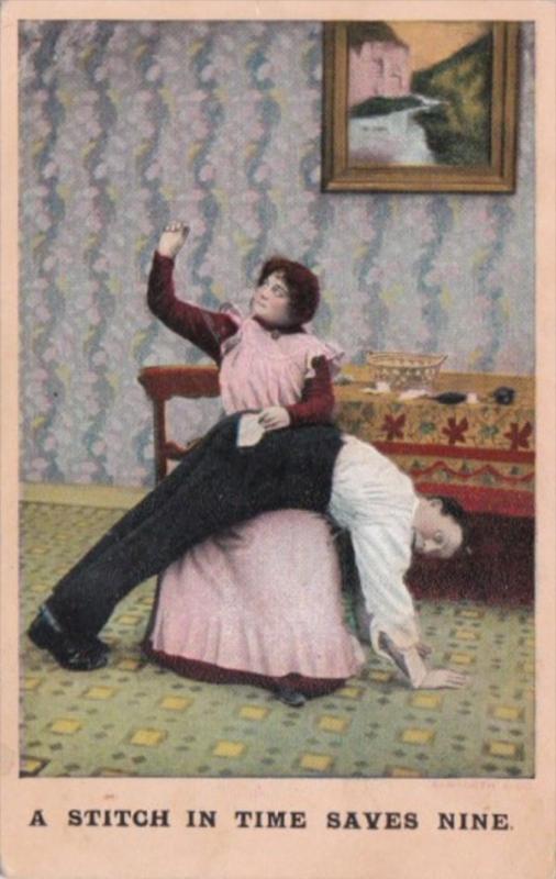 Bamforth Humour Woman Mending Pants A Stitch In Time Saves Time 1909