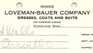 1938 LOVEMAN-BAUER CO. CLEVELAND OH DRESSES COATS SUITS BILLHEAD INVOICE Z1185