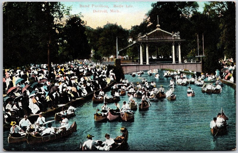 Detroit Michigan MI, Band Pavilion, Belle Isle, Boating, Vintage Postcard