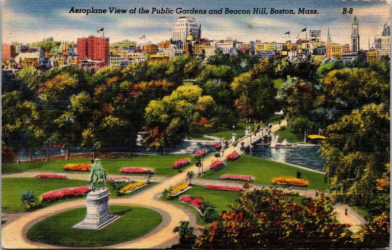 Public Gardens & Beacon Hill Aerial View Boston Mass Linen Cancel WOB Postcard 