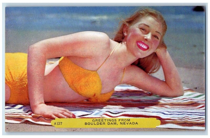 c1910 Greetings From Boulder Dam Beach Nevada Girl Babe Yellow Swimsuit Postcard 