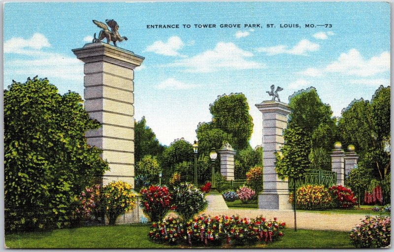 Entrance to Tower Grove Park St. Louis Missouri MO Landscaped Garden Postcard