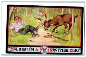 c1910's Elk BPOE Deer Hold On I'm Brother Elk BPOE Unposted Antique Postcard