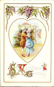 St. Valentine's Greeting w/Romantic Couple & Flowers Lithograph Postcard