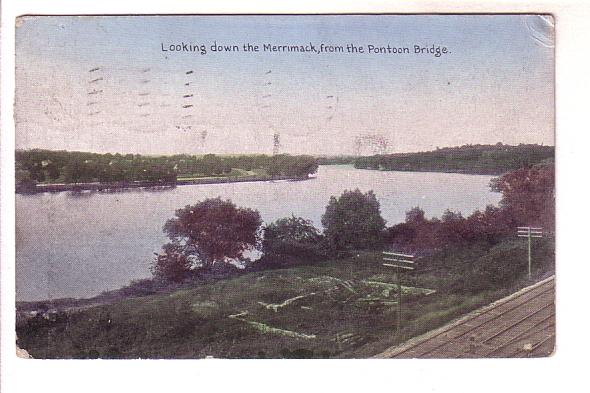 Looking Down Merrimack from Pontoon Bridge, Train Tracks, Massachusetts, Hand...