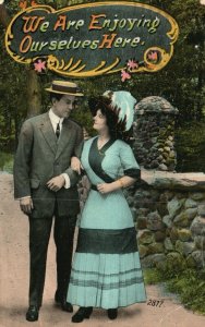 Vintage Postcard 1915 We are Enjoying Ourselves Here.  Couple on a Walk in Love