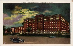 St Mary's Hospital Rochester MN Minnesota Night Autos Clutterbuck Postcard H53