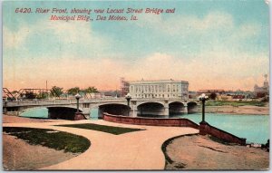 VINTAGE POSTCARD RIVER FRONTAGE AND LOCUST STREET BRIDGE DES MOINES IOWA c. 1910