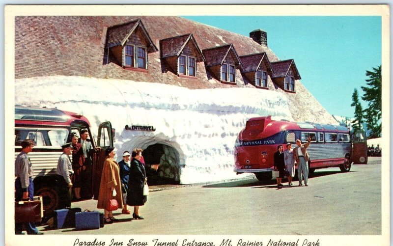 c1950s Washington Mt Rainier Park Paradise Inn Snow Tunnel Tour Bus Chrome A145