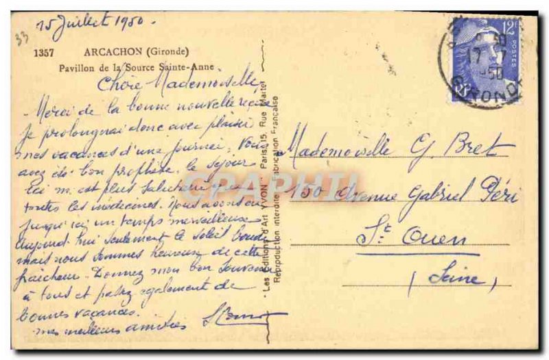 Old Postcard Arcachon Pavilion Source Sainte Anne