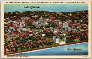 Madison Wisconsin, Aerial View, State Capitol Building, Lake Mendota, Postcard