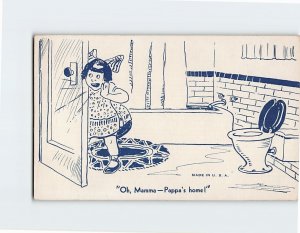 Postcard Oh, Mamma-Pappa's home! with Girl Bathroom Comic Art Print