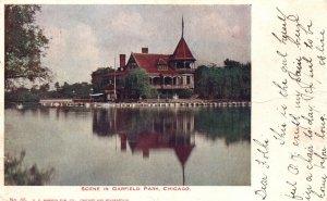 Vintage Postcard 1907 Scene Garfield Park Lake Building At Back Chicago Illinois