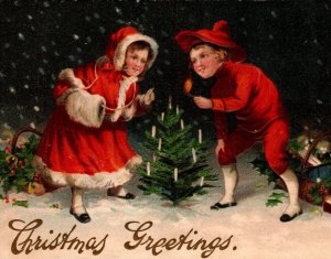 Christmas Postcard Children Tree Match Candles MAB 15859 Original Germany 1910