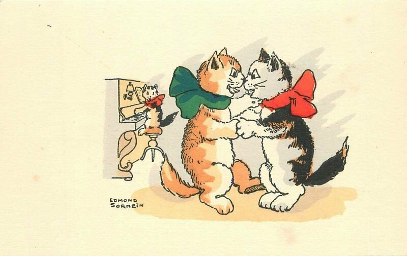 Comic humor 1920s Sornien Cats Romantic Piano Music hand colored postcard 8256