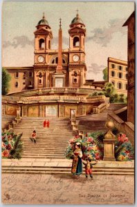 The Piazza Spagna Spain Hotel Building & Atrractive Shops Posted Postcard