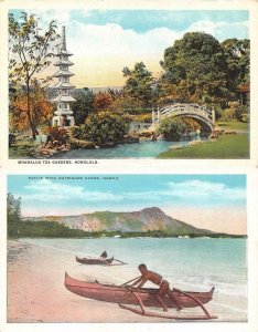 HI Hawaii HONOLULU TEA GARDEN & NATIVE MAN~OUTRIGGER CANOE *2* c1920's Postcards