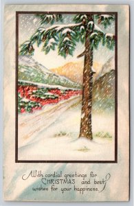 Art Deco~Cordial Greetings For Christmas~Snowing Along Road Scene~Vintage PC