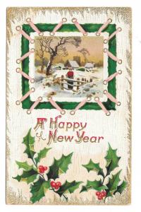 Happy New Year Holly Man by Fence in Winter Scene Vintage 1911 Embossed Postcard