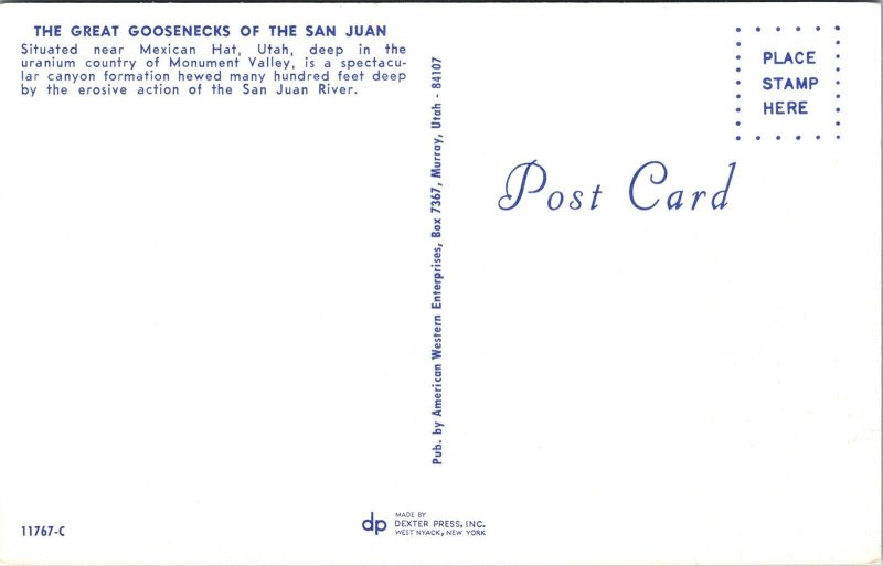 Great Goosenecks San Juan Monument Valley UT River Postcard VTG UNP Dexter 