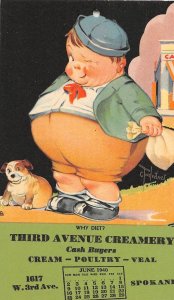 H56/ Spokane Washington Postcard 1940 Calendar Fat Child Creamery Veal