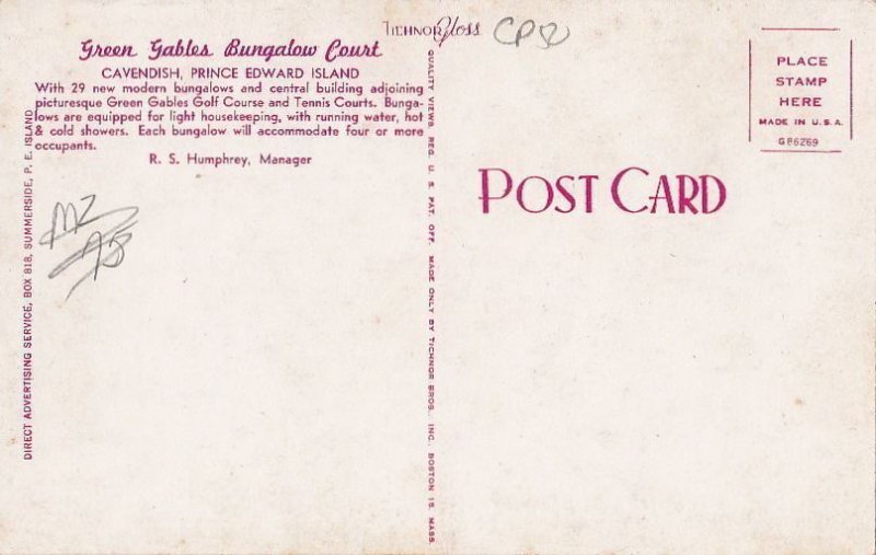 Postcard Green Gables Bungalow Court Cavendish Prince Edward Island Canada