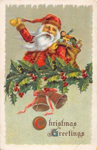 F5/ Santa Claus Merry Christmas Holiday Postcard c1910 Toys Bells Gold 29