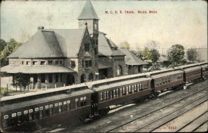 NILES MI MC Railroad Train at Station c1910 Postcard