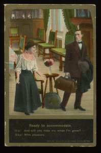 Ready to accommodate. Vintage Theochrom, gold bordered postcard