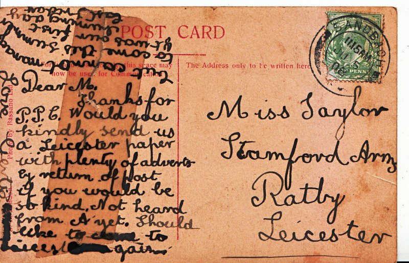 Genealogy Postcard - Family History - Taylor - Ratby - Leicester  U3058