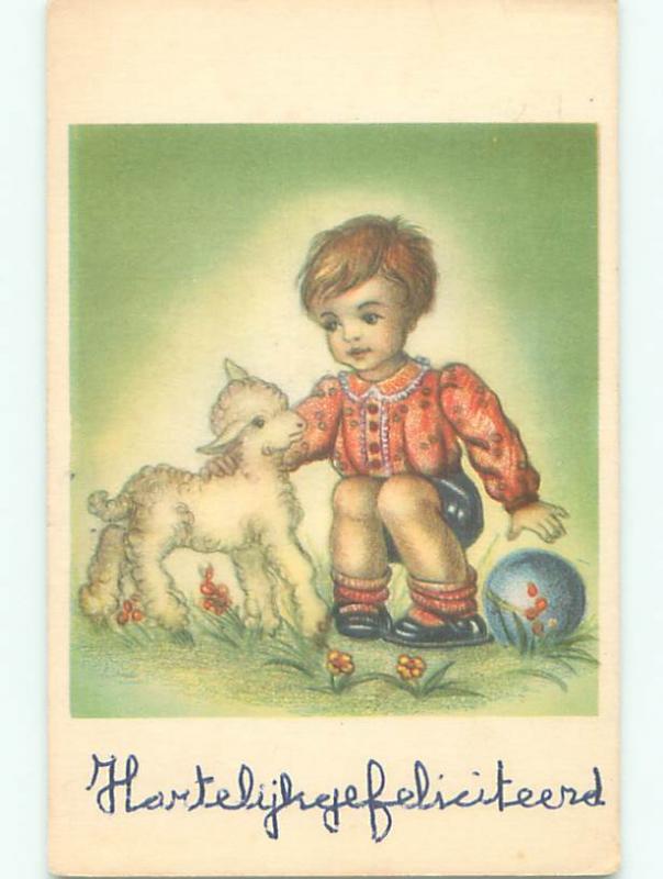 Pre-Chrome foreign BOY PETTING BABY LAMB J4526