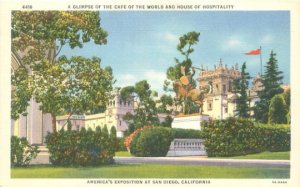 San Diego, CA 1935 Expo Cafe of the World, House of Hospitality Linen Postcard