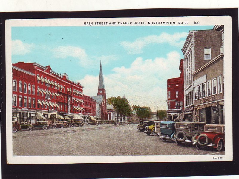 P1658 old unused postcard many old cars main st. & draper hotel northampton mass