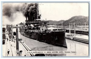 Panama Canal Postcard U.S.S Battleship in Pedro Miguel Lock c1910 RPPC Photo