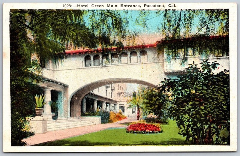 Vtg Pasadena California CA Hotel Green Main Entrance 1920s View Postcard